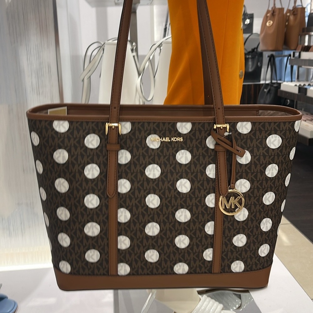 MICHAEL KORS JET SET TRAVEL LARGE TZ SHOULDER TOTE BAG MK BROWN DOTS CARRYALL - Picture 13 of 16